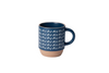 Three blue ceramic mugs with different patterns on a white background