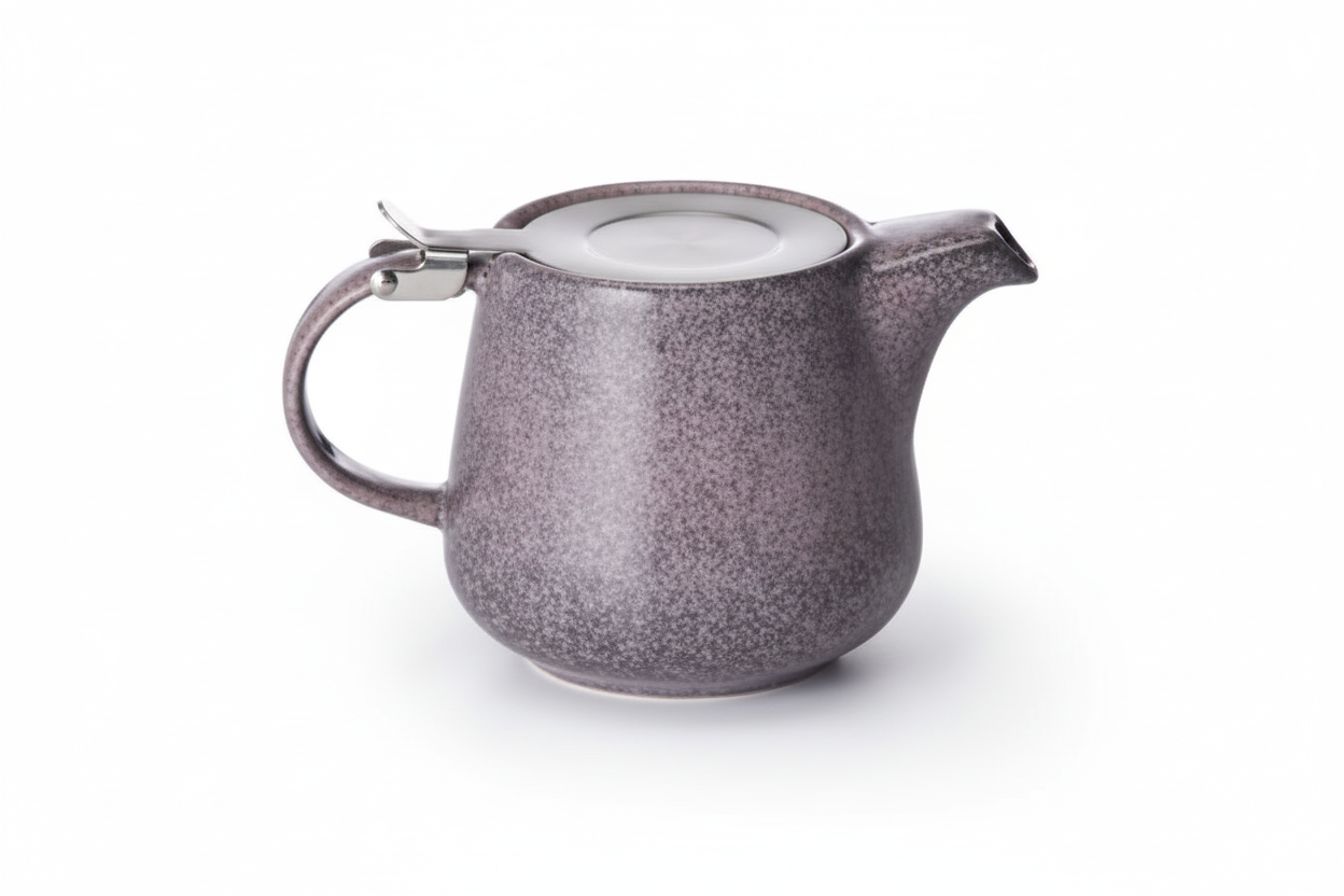 Two ceramic teapots, one purple and one blue, on a white background