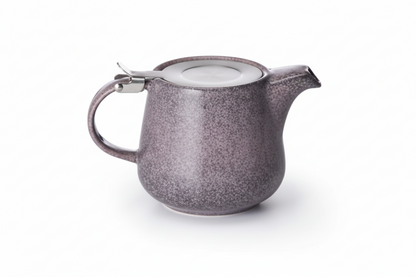 Two ceramic teapots, one purple and one blue, on a white background