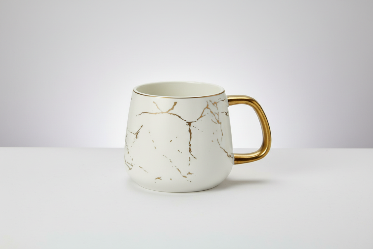 White marble-patterned mug with gold accents on a white background