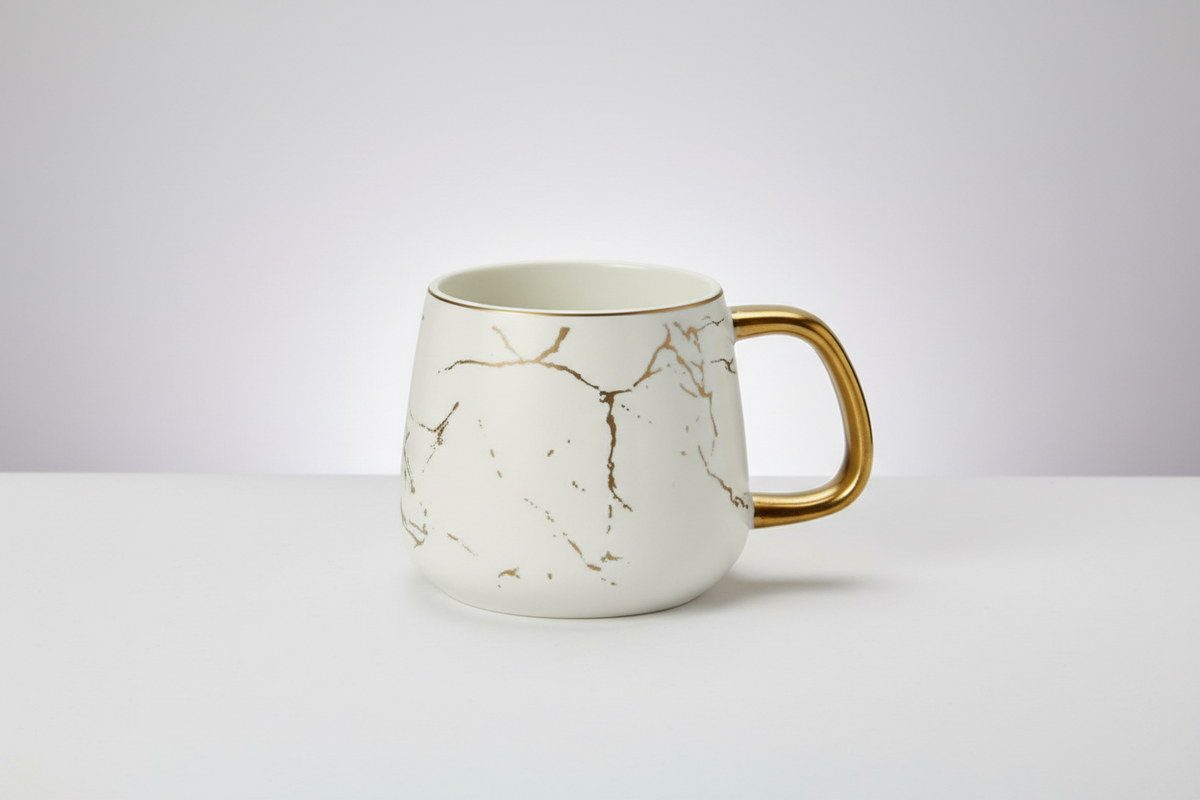 White marble-patterned mug with gold accents on a white background