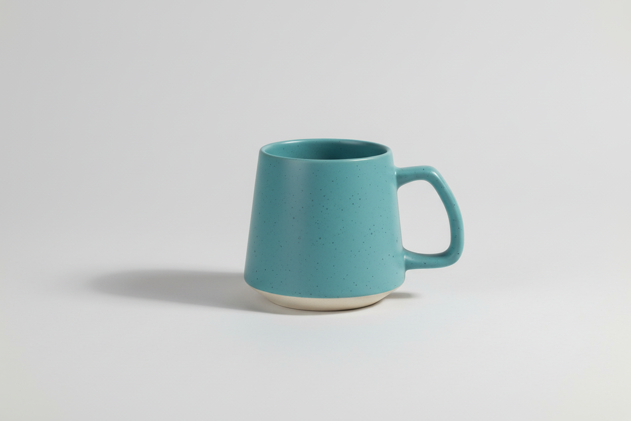 Blue mug with speckled pattern on a white background