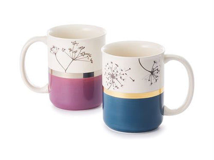 Two mugs with floral designs on a white background