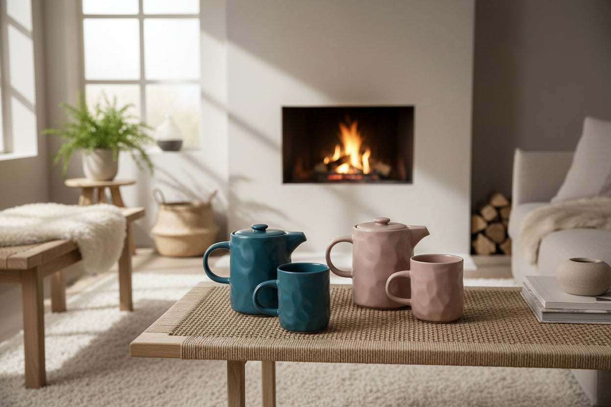 Set of ceramic teapots and mugs in teal and pink on a white background