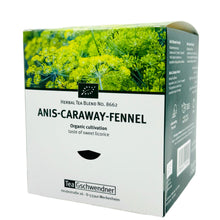 Box of Anis-Caraway-Fennel organic herbal tea with product information and branding visible.