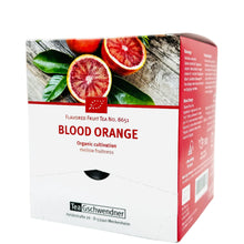 Tea box for Blood Orange flavored fruit tea with blood orange slices and green leaves on a wooden background.