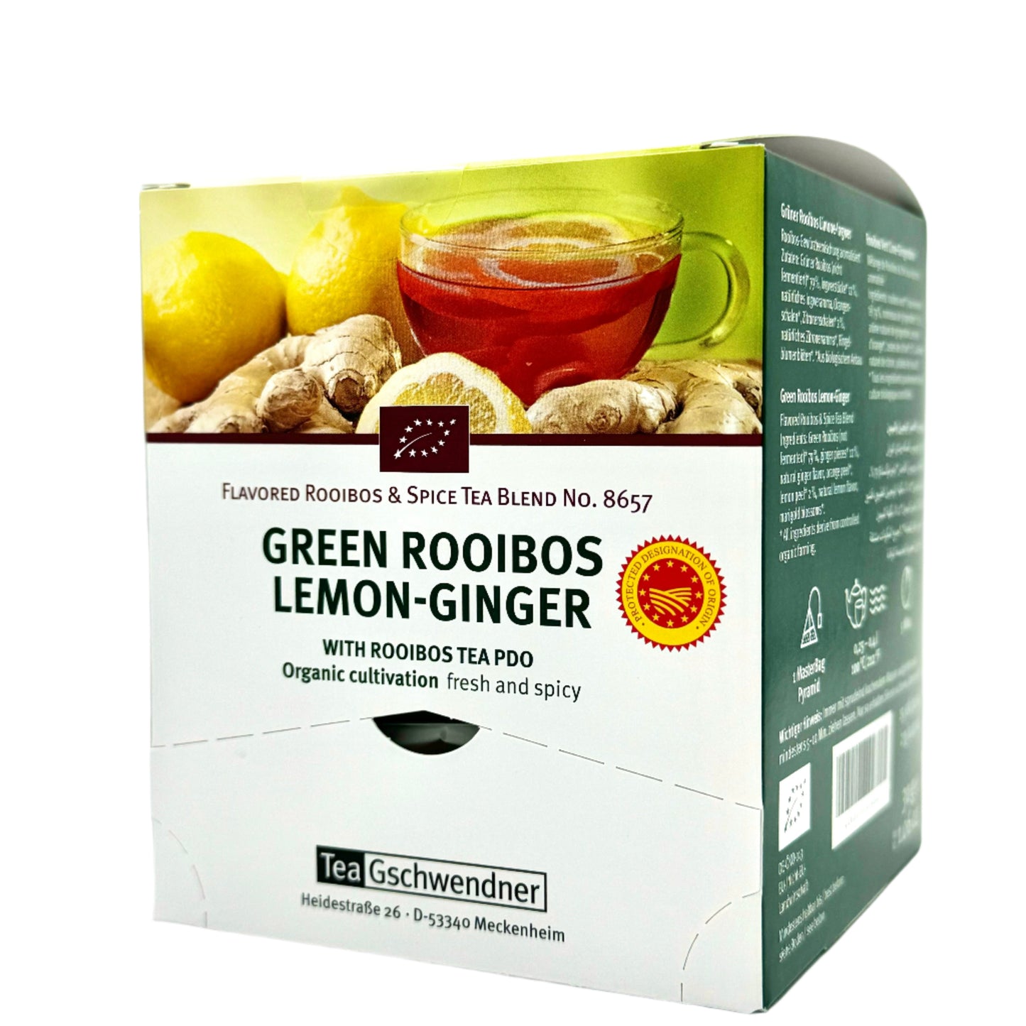 Box of Green Rooibos Lemon-Ginger flavored tea with images of tea bags, ginger pieces, and lemons on the front.