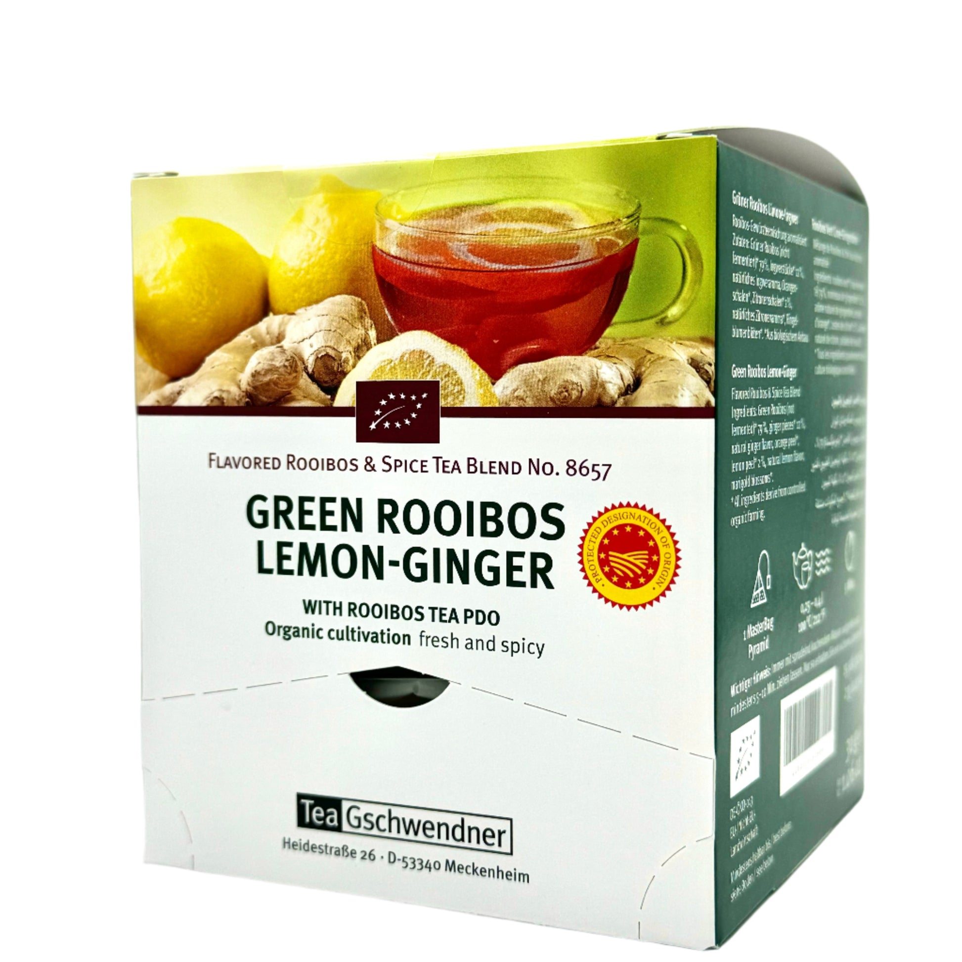 Box of Green Rooibos Lemon-Ginger flavored tea with images of tea bags, ginger pieces, and lemons on the front.