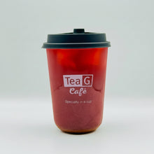 A translucent red reusable coffee cup with a black lid and a printed white logo reading 'Tea G Café' on the front, photographed against a light gray studio background.