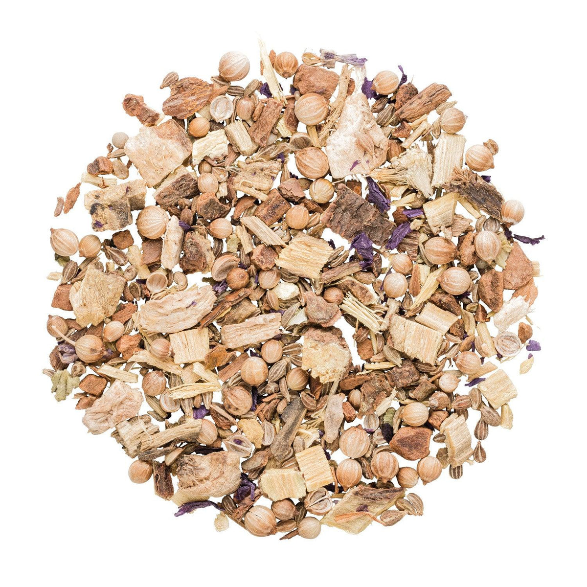 A variety of dried herbs and spices including coriander, licorice, cinnamon, ginger, anise, and mallow blossoms, mixed together.