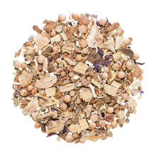 A variety of dried herbs and spices including coriander, licorice, cinnamon, ginger, anise, and mallow blossoms, mixed together.