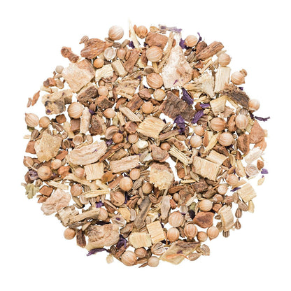 A variety of dried herbs and spices including coriander, licorice, cinnamon, ginger, anise, and mallow blossoms, mixed together.